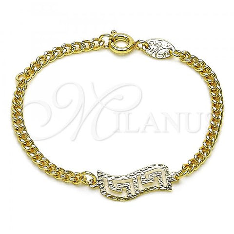 Oro Laminado ID Bracelet, Gold Filled Style Curb and Greek Key Design, Diamond Cutting Finish, Golden Finish, 5.228.017.05