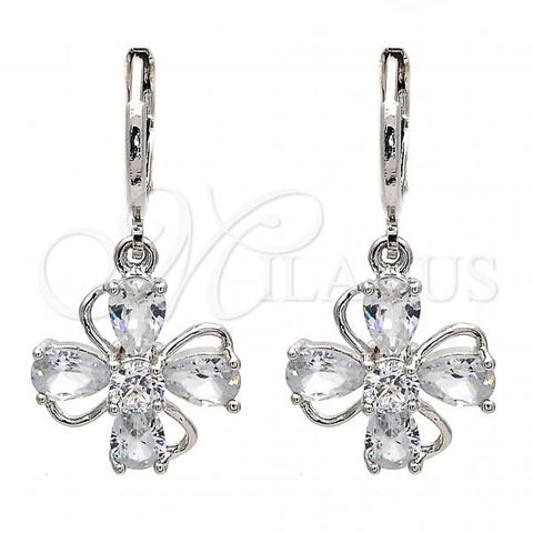 Rhodium Plated Dangle Earring, Flower and Teardrop Design, with White Cubic Zirconia, Polished, Rhodium Finish, 02.217.0054.2