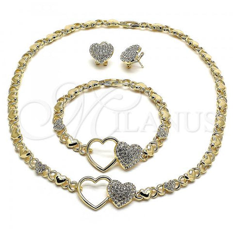 Oro Laminado Necklace, Bracelet and Earring, Gold Filled Style Heart and Hugs and Kisses Design, with White Crystal, Polished, Golden Finish, 06.372.0005