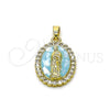 Oro Laminado Religious Pendant, Gold Filled Style Guadalupe Design, with White Cubic Zirconia, Light Blue Enamel Finish, Golden Finish, 05.284.0016.2