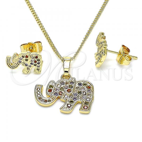 Oro Laminado Earring and Pendant Adult Set, Gold Filled Style Elephant Design, with Multicolor Micro Pave, Polished, Golden Finish, 10.284.0019.1