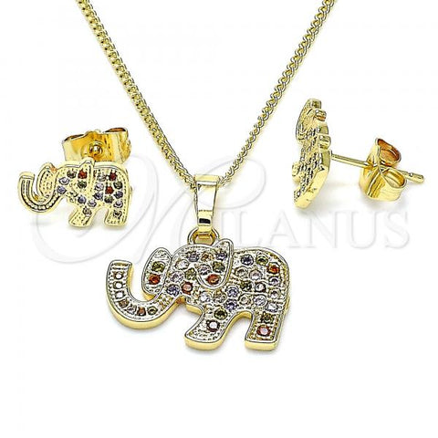 Oro Laminado Earring and Pendant Adult Set, Gold Filled Style Elephant Design, with Multicolor Micro Pave, Polished, Golden Finish, 10.284.0019.1