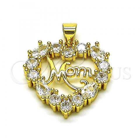 Oro Laminado Fancy Pendant, Gold Filled Style Heart and Mom Design, with White Cubic Zirconia, Polished, Golden Finish, 05.341.0064