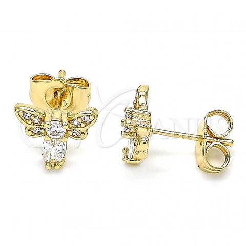 Oro Laminado Stud Earring, Gold Filled Style Bee Design, with White Cubic Zirconia and White Micro Pave, Polished, Golden Finish, 02.210.0369