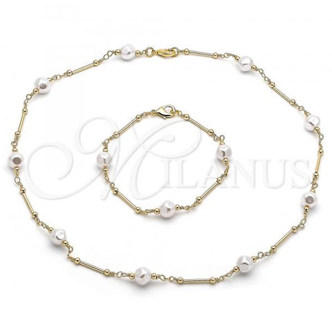 Oro Laminado Necklace and Bracelet, Gold Filled Style Ball and Love Knot Design, with Ivory Pearl, Polished, Golden Finish, 06.386.0004