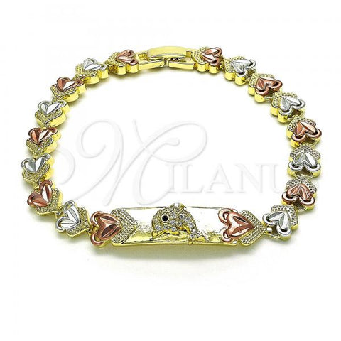 Oro Laminado Fancy Bracelet, Gold Filled Style Dolphin and Heart Design, with White and Black Micro Pave, Polished, Tricolor, 03.253.0073.08