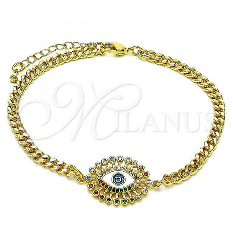 Oro Laminado Fancy Bracelet, Gold Filled Style Evil Eye Design, with Multicolor Micro Pave and Multicolor Cubic Zirconia, White Enamel Finish, Golden Finish, 03.368.0081.08