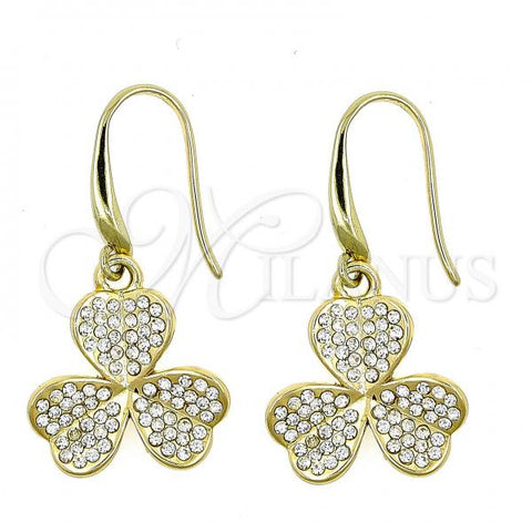 Oro Laminado Dangle Earring, Gold Filled Style Heart and Leaf Design, with White Crystal, Polished, Golden Finish, 02.59.0114