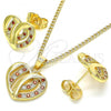 Oro Laminado Earring and Pendant Adult Set, Gold Filled Style Heart Design, with Garnet and White Micro Pave, Polished, Golden Finish, 10.94.0002.1