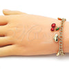 Oro Laminado Charm Bracelet, Gold Filled Style Cherry and Heart Design, Red Enamel Finish, Golden Finish, 03.282.0006.07