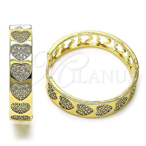 Oro Laminado Huggie Hoop, Gold Filled Style Heart Design, with White Micro Pave, Polished, Golden Finish, 02.204.0014.35