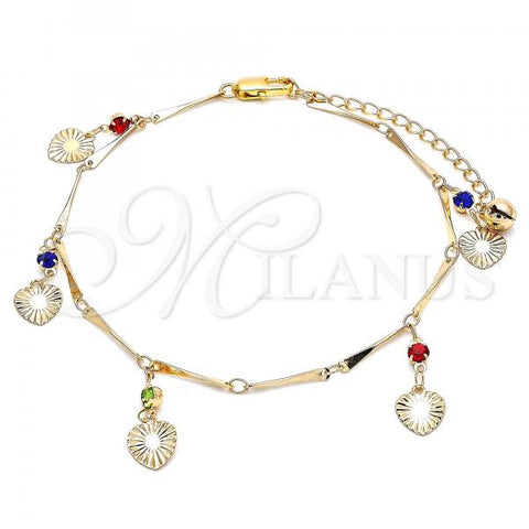 Oro Laminado Charm Anklet , Gold Filled Style Heart and Rattle Charm Design, with Multicolor Crystal, Polished, Golden Finish, 03.213.0107.1.10