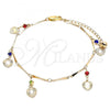 Oro Laminado Charm Anklet , Gold Filled Style Heart and Rattle Charm Design, with Multicolor Crystal, Polished, Golden Finish, 03.213.0107.1.10