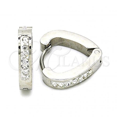 Stainless Steel Huggie Hoop, Heart Design, with White Crystal, Polished, Steel Finish, 02.216.0050.15