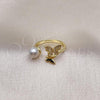 Oro Laminado Multi Stone Ring, Gold Filled Style Butterfly Design, with White Micro Pave and Ivory Pearl, Polished, Golden Finish, 01.341.0096