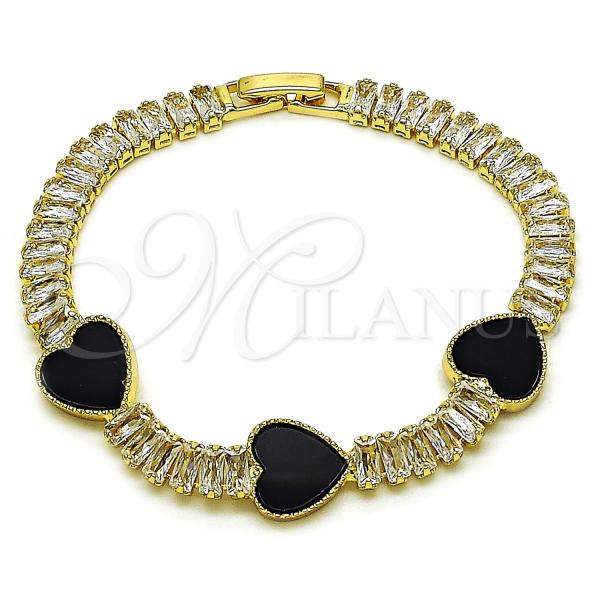 Oro Laminado Fancy Bracelet, Gold Filled Style Heart and Baguette Design, with Black Mother of Pearl and White Cubic Zirconia, Polished, Golden Finish, 03.283.0423.2.07