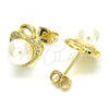 Oro Laminado Stud Earring, Gold Filled Style Heart and Ball Design, with White Cubic Zirconia and Ivory Pearl, Polished, Golden Finish, 02.156.0339