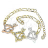 Oro Laminado Fancy Bracelet, Gold Filled Style Heart Design, with White Crystal, Polished, Tricolor, 03.380.0123.07