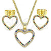 Oro Laminado Earring and Pendant Adult Set, Gold Filled Style Heart Design, with Multicolor Micro Pave, Polished, Golden Finish, 10.94.0004.2