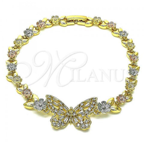 Oro Laminado Fancy Bracelet, Gold Filled Style Butterfly and Flower Design, with White Cubic Zirconia, Polished, Tricolor, 03.380.0137.07
