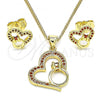 Oro Laminado Earring and Pendant Adult Set, Gold Filled Style Heart Design, with Garnet Micro Pave, Polished, Golden Finish, 10.156.0417.1