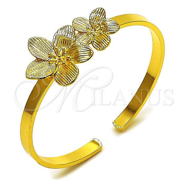 Oro Laminado Individual Bangle, Gold Filled Style Flower Design, Diamond Cutting Finish, Golden Finish, 07.170.0074
