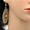 Oro Laminado Dangle Earring, Gold Filled Style Flower and Filigree Design, with White Cubic Zirconia, Polished, Golden Finish, 73.003