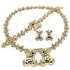 Oro Laminado Necklace, Bracelet and Earring, Gold Filled Style Teddy Bear and Hugs and Kisses Design, with White Crystal, Polished, Golden Finish, 06.372.0013