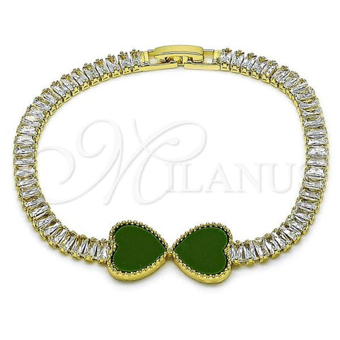 Oro Laminado Fancy Bracelet, Gold Filled Style Heart and Baguette Design, with Light Green Mother of Pearl and White Cubic Zirconia, Polished, Golden Finish, 03.284.0050.07