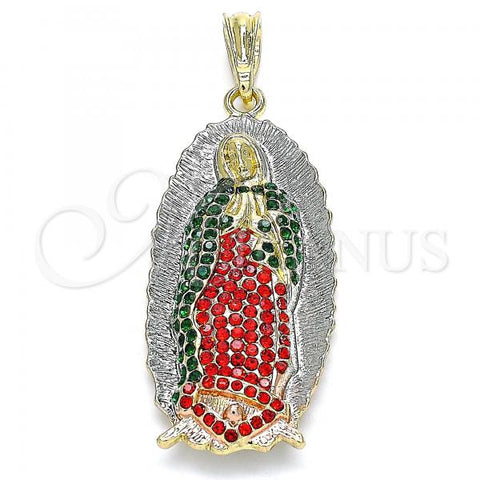 Oro Laminado Religious Pendant, Gold Filled Style Guadalupe Design, with Multicolor Crystal, Polished, Tricolor, 05.380.0059