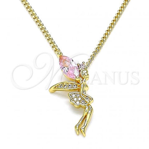 Oro Laminado Pendant Necklace, Gold Filled Style Angel Design, with Pink Cubic Zirconia and White Micro Pave, Polished, Golden Finish, 04.156.0459.1.20