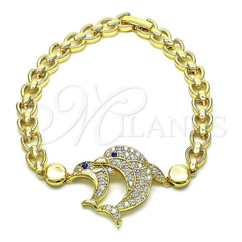 Oro Laminado Fancy Bracelet, Gold Filled Style Dolphin and Heart Design, with White and Sapphire Blue Micro Pave, Polished, Golden Finish, 03.283.0350.07