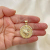 Oro Laminado Religious Pendant, Gold Filled Style Praying Hands and Cross Design, with White Micro Pave and Garnet Cubic Zirconia, Polished, Golden Finish, 05.342.0055