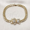 Oro Laminado Fancy Bracelet, Gold Filled Style Teddy Bear and Miami Cuban Design, with White Cubic Zirconia and White Micro Pave, Polished, Golden Finish, 03.284.0061.07