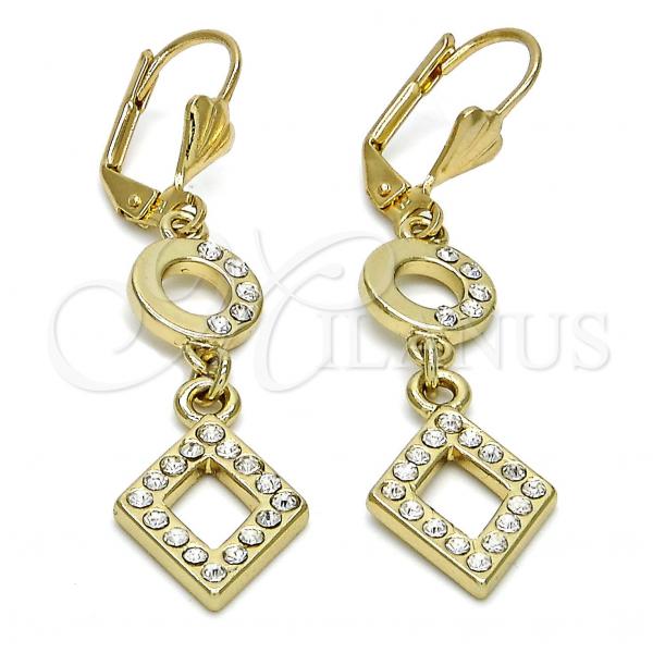 Oro Laminado Long Earring, Gold Filled Style with White Crystal, Polished, Golden Finish, 02.59.0130