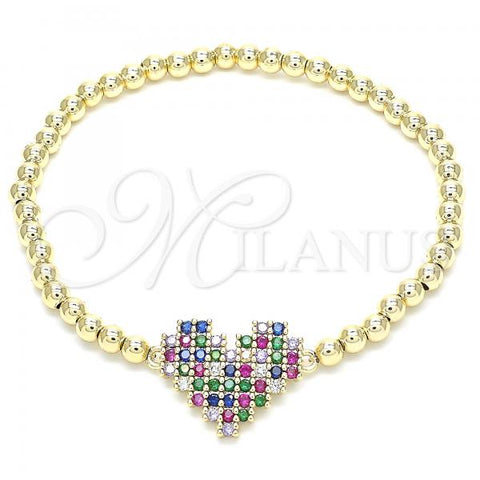 Oro Laminado Fancy Bracelet, Gold Filled Style Expandable Bead and Heart Design, with Multicolor Cubic Zirconia, Polished, Golden Finish, 03.299.0030.07