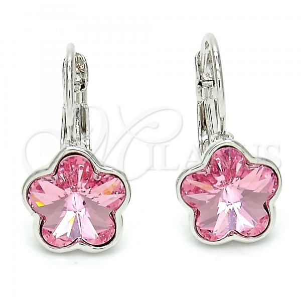 Rhodium Plated Leverback Earring, Flower Design, with Light Rose Swarovski Crystals, Polished, Rhodium Finish, 02.239.0012.1