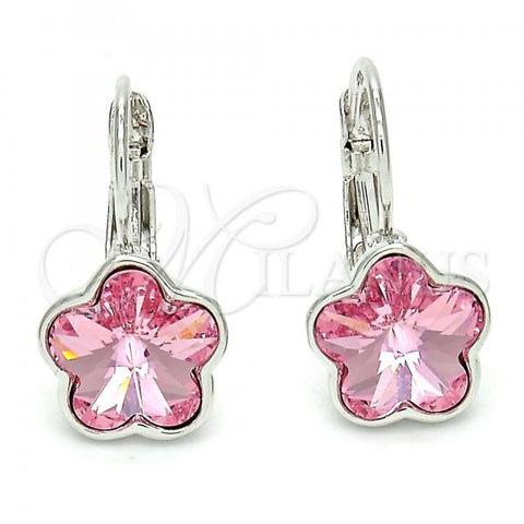 Rhodium Plated Leverback Earring, Flower Design, with Light Rose Swarovski Crystals, Polished, Rhodium Finish, 02.239.0012.1