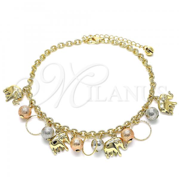 Oro Laminado Charm Bracelet, Gold Filled Style Elephant and Ball Design, Matte Finish, Tricolor, 03.331.0193.09