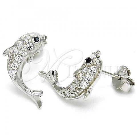 Sterling Silver Stud Earring, Dolphin Design, with White and Black Cubic Zirconia, Polished, Rhodium Finish, 02.336.0116