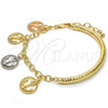 Oro Laminado Charm Bracelet, Gold Filled Style Anchor and Hollow Design, Diamond Cutting Finish, Tricolor, 03.63.1818.1.08