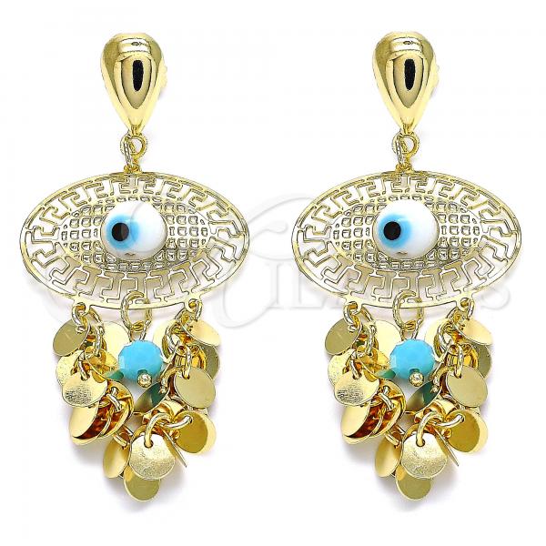 Oro Laminado Long Earring, Gold Filled Style Evil Eye and Greek Key Design, with Turquoise Crystal, Polished, Golden Finish, 02.331.0031