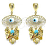 Oro Laminado Long Earring, Gold Filled Style Evil Eye and Greek Key Design, with Turquoise Crystal, Polished, Golden Finish, 02.331.0031