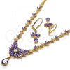 Oro Laminado Necklace and Earring, Gold Filled Style Teardrop and Leaf Design, with White and Amethyst Cubic Zirconia, Polished, Golden Finish, 06.236.0002