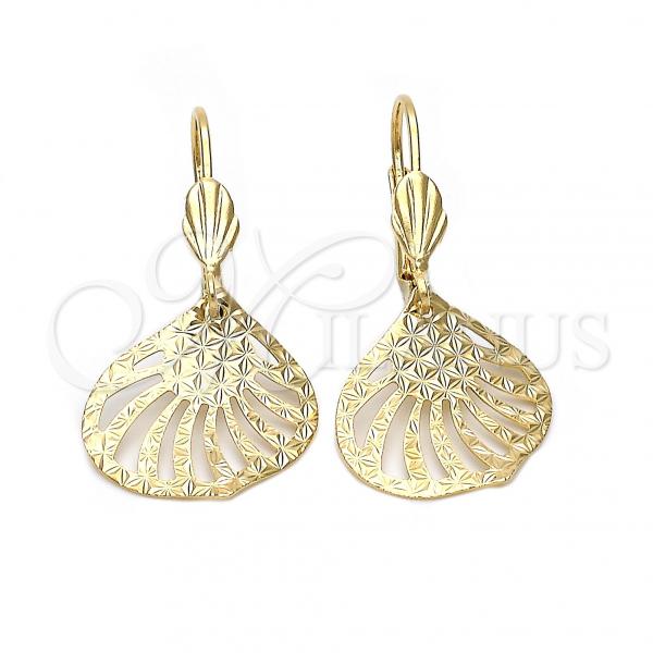 Oro Laminado Dangle Earring, Gold Filled Style Leaf Design, Diamond Cutting Finish, Golden Finish, 5.099.007