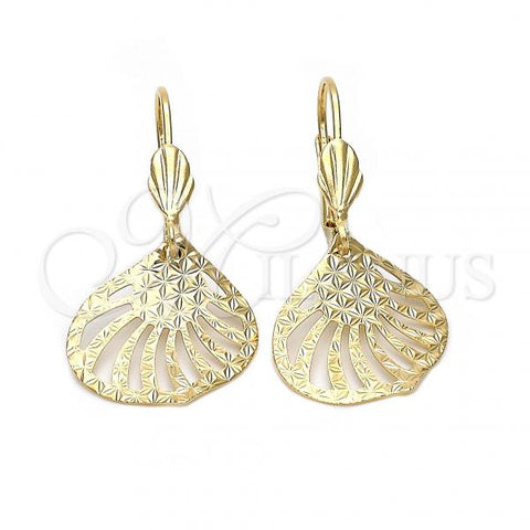 Oro Laminado Dangle Earring, Gold Filled Style Leaf Design, Diamond Cutting Finish, Golden Finish, 5.099.007