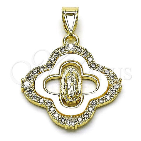 Oro Laminado Religious Pendant, Gold Filled Style San Judas and Four-leaf Clover Design, with Ivory Mother of Pearl and White Cubic Zirconia, Polished, Golden Finish, 05.253.0196