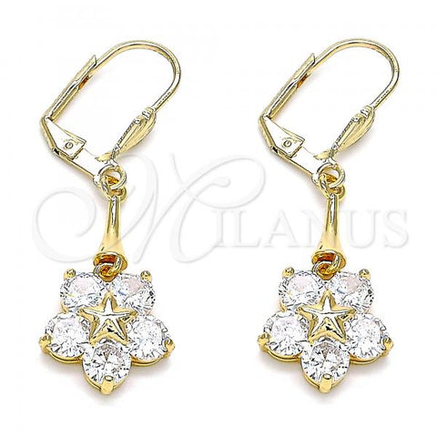 Oro Laminado Long Earring, Gold Filled Style Flower and Star Design, with White Cubic Zirconia, Polished, Golden Finish, 02.387.0063.1