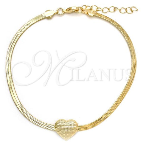 Oro Laminado Basic Bracelet, Gold Filled Style Heart and Herringbone Design, Polished, Golden Finish, 03.02.0097.07