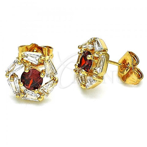 Oro Laminado Stud Earring, Gold Filled Style with Garnet and White Cubic Zirconia, Polished, Golden Finish, 02.387.0017.2